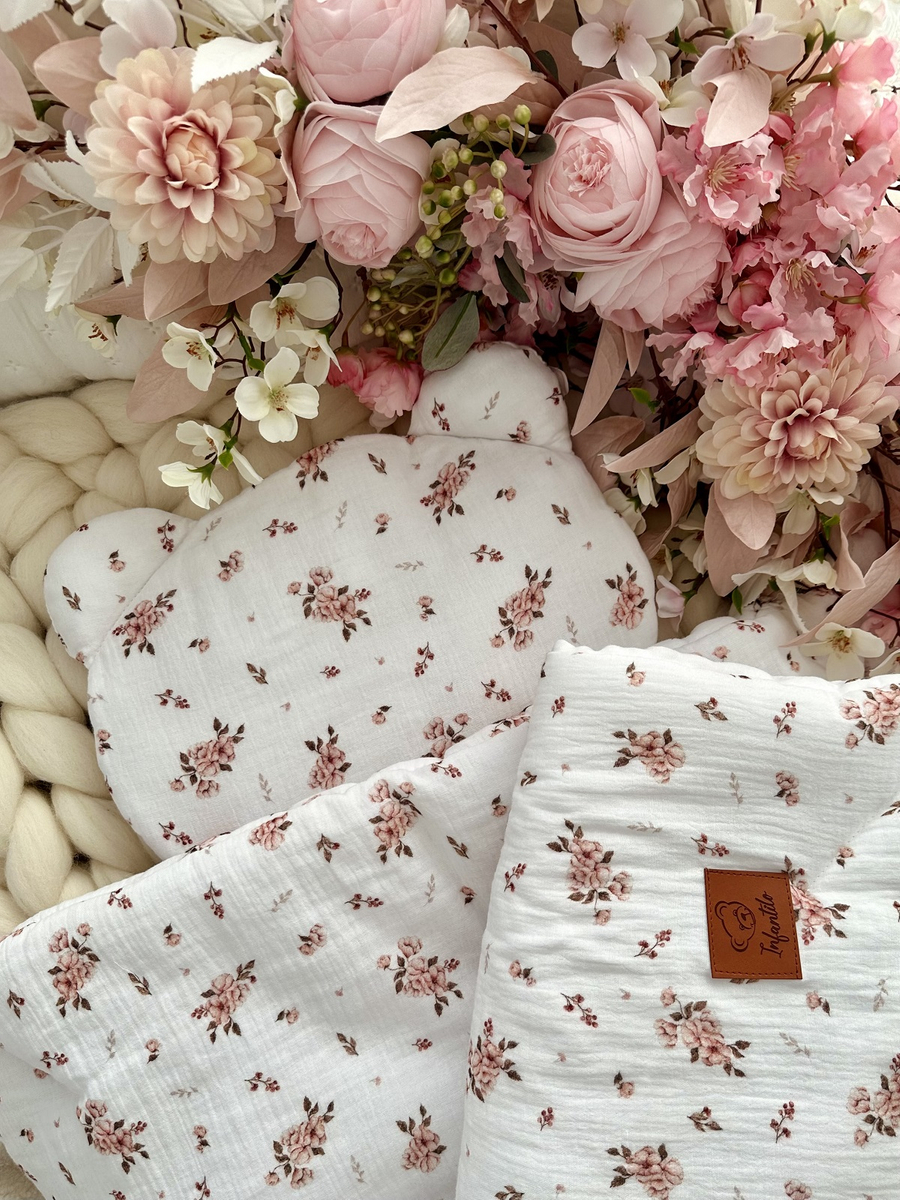 Komplet MUŚLINOWY + poduszka TEDDY "LITTLE FLOWERS"