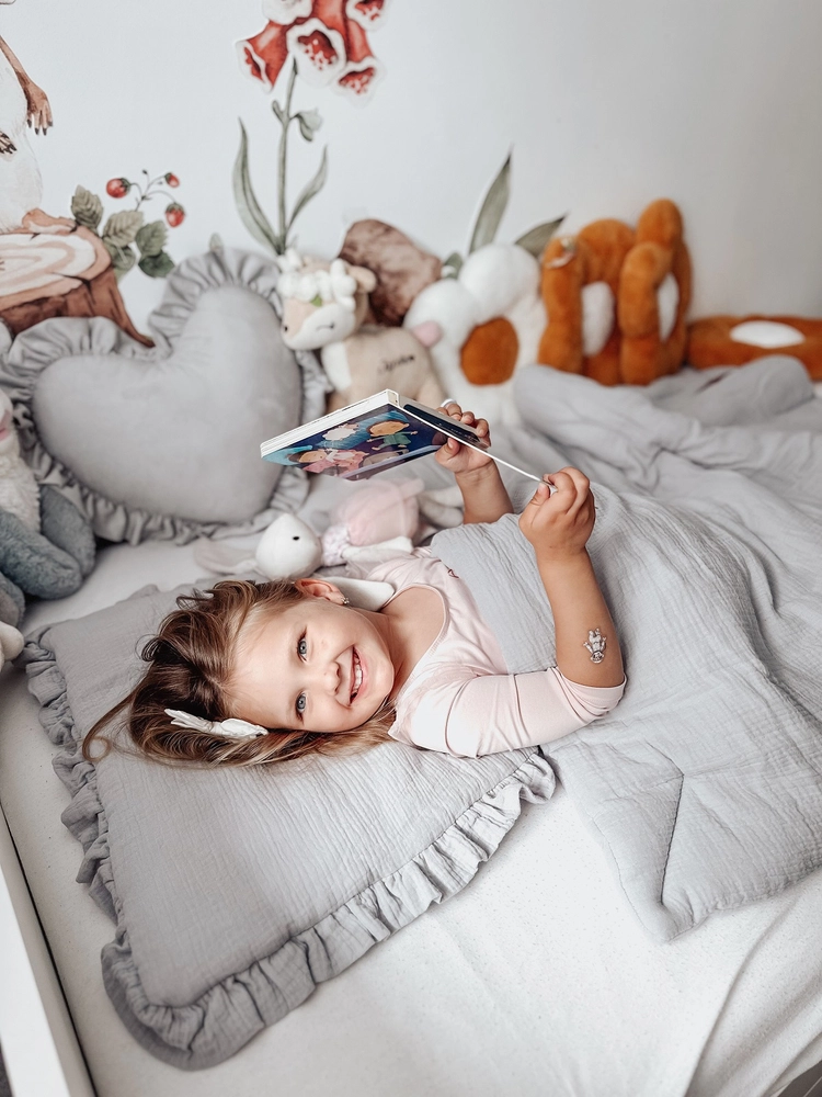 POŚCIEL MUŚLINOWA z falbanką 120x90 kołderka + poduszka WYPEŁNIENIE