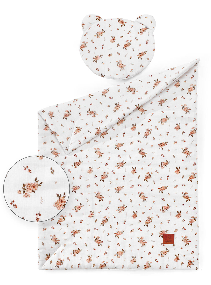Komplet MUŚLINOWY + poduszka TEDDY "LITTLE FLOWERS"
