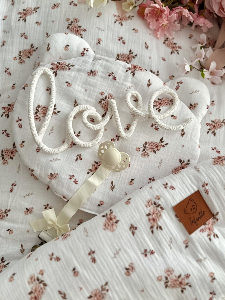 Komplet MUŚLINOWY + poduszka TEDDY "LITTLE FLOWERS"